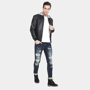 Chaqueta de Cuero Genuino Negra Personalizada para Hombre, Estilo Bomber con Capucha Gris, Corte Ajustado, Piel de Oveja Suave, Ropa Casual de Calle - Product Image 3
