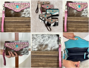 New 2026 Trending Designer <b>Bag</b> Tooled Cowhide Leather Wristlet Clutch Western Floral Wallet Turquoise Concho Hair On Hide Purses - Product Image 3