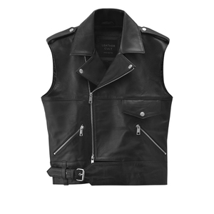 Men's Black Genuine Leather Vest Sleeveless Moto <b>Biker</b> <b>Waistcoat</b> Zip Up Turn Down Collar - Product Image 3