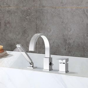 3-<b>Hole</b> Roman Tub <b>Filler</b> with Hand Shower Deck Mount Waterfall Bathtub Faucet with Sprayer Set Bath & Shower Faucets - Product Image 4