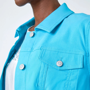 Women's Turquoise Denim Jacket Regular Fit Solid Color <b>Button</b> Front Casual Spring Style Cotton Woven Fabric - Product Image 5