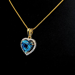Designer heart shaped <b>blue</b> gemstone pendant with sparkling halo stones elegant luxury <b>necklace</b> jewelry collection for women - Product Image 2