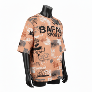 เสื้อยืดทรงบ็อกซี่ผ้าฝ้ายหนาน้ำหนักมากสำหรับผู้ชาย สีเบจ พิมพ์ลายทั่วตัว โลโก้พัฟ สไตล์สตรีทแวร์ ทรงหลวม 100% ผ้าฝ้าย พิมพ์ลาย - Product Image 4