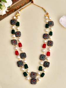 Traditional Rani Haar Layered <b>Pearl</b> <b>Necklace</b> and Earring <b>Set</b> for Women Vintage Indian Wedding Jewelry Brass Silver Plated - Product Image 1