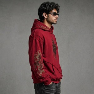 Everyday Streetwear Fit <b>Men</b> Distressed Vintage Hoodie Embroidered Graphic <b>Pullover</b> Sweatshirt with Comfortable - Product Image 6