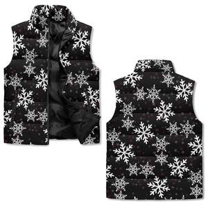 Chaleco acolchado negro para hombre con estampado de copos de nieve, informal de invierno, con cremallera frontal, cuello alto y relleno grueso de poliéster. - Product Image 4