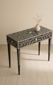 Table console en os incrusté, faite à la main, style traditionnel, table d'entrée, accent floral noir et blanc pour salon et chambre - Product Image 3