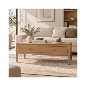 Mesa de Centro de Madera Estilo Nórdico de la Colección ELYSIUM, 2 Cajones, Acabado Natural, Mesa de Centro Contemporánea para Sala de Estar - Product Image 1