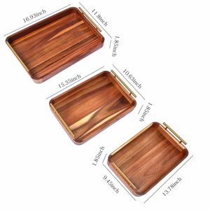 Premium Acacia Wood Tray Rectangular Wooden Serving Tray with Metal Handles for <b>Breakfast</b> Coffee Tea Food Home Decoration - Product Image 2