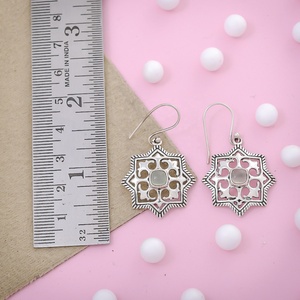 925 Sterling <b>Silver</b> Natural Prehnite Gemstone Floral Star <b>Dangle</b> <b>Earrings</b> Handmade Boho Vintage Women Jewelry - Product Image 2