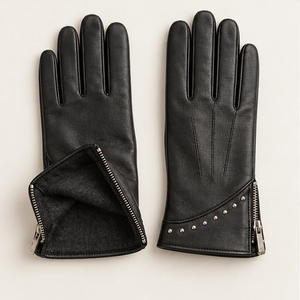 Gants en cuir avec fermeture éclair et clous, longueur poignet, doublure thermique en fausse fourrure, style punk, pour l'hiver, usage décontracté - Product Image 1