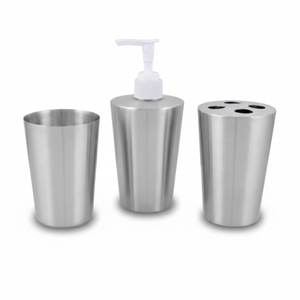 Ensemble de bain en acier inoxydable de conception conique comprenant un gobelet distributeur de savon et un porte-brosse à dents pour un usage quotidien ou dans les hôtels - Product Image 1