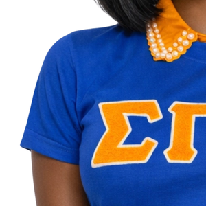Camiseta Azul de Chenilla Sigma Gamma Rho para Mujer, Bordado de Letras Griegas, Mezcla de Algodón, Manga Corta, Estilo Casual y Elegante - Product Image 5