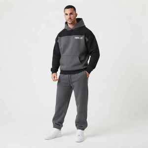 Survêtement à capuche pour homme, gris et noir, avec blocs de couleur, décontracté, pantalon long à cordon de serrage avec poches, coupe ample, pour l'automne - Product Image 1