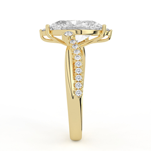 Anillo de compromiso ovalado de diamantes arquitectónicos con tiara de chevron y banda curva de oro amarillo, con diamantes cultivados en laboratorio, certificados IGI, de varias piezas. - Product Image 5