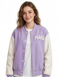 Purple Color Block PU Leather Embroidered Front Logo Windproof Winter Crew Neck Varsity Jacket Unisex Snap <b>Button</b> PEACE Patch - Product Image 5