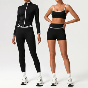 Conjunto Deportivo de 3 Piezas para Mujer, Color Negro, Cintura Alta, Top Deportivo sin Mangas, Pantalones Cortos, Nylon, Color Sólido, Ajustado - Product Image 1