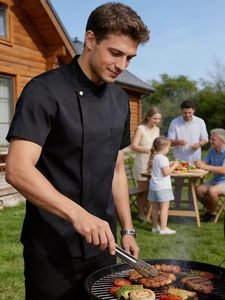 Professionelle Schwarze Koch-Tunika für Herren mit Kurzen Ärmeln und Asymmetrischem Verschluss, Kochuniform aus 100% Baumwolle mit Cartoon-Print, Weich - Product Image 6