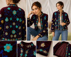 Artisan Wine <b>Velvet</b> Jacket Women Turquoise Floral Embroidery Modal Outerwear Elegant Winter <b>Blazer</b> Traditional Festive Coat - Product Image 6