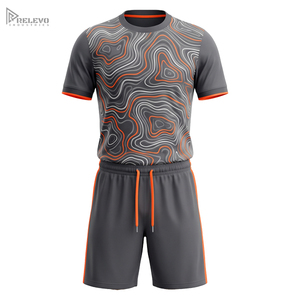 Ensemble d'uniformes de football personnalisés par sublimation pour hommes – Maillot et short en polyester/coton avec nom et numéros d'équipe – Gris et orange – Toutes saisons - Product Image 1