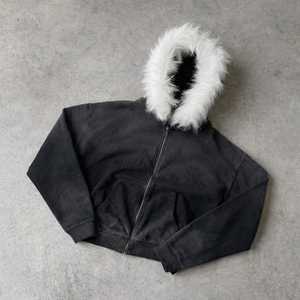 Street Vintage Warm Cardigan Loose Hoodie Men Winter Fashion <b>Fur</b> Collar Hat Hoodie Street Skull Print Zipper Sweatshirt - Product Image 5