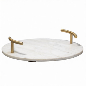 Marble <b>Serving</b> <b>Tray</b> with <b>Gold</b> Plated Metal Handles Round Creative Dish & Platters White Color Coffee <b>Tray</b> for Home & Restaurant - Product Image 1