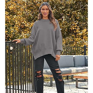 Suéter Oversize de Mujer con Mangas Murciélago, Cuello Redondo, Tejido Acanalado, Holgado, Manga Larga, Abertura Lateral, Color Liso, Estilo Casual para Otoño 2025 - Product Image 2