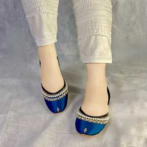 Plain Blue Handcrafted Beaded Khussa for Girls with Stone Shoes Made in Pakistan Traditional Punjabi Jutti Wedding Bridal Khussa - Product Image 1