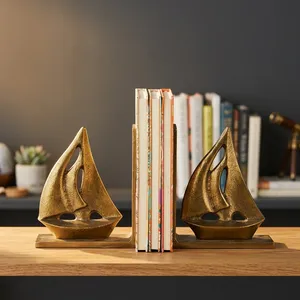 Golden Metal Sailboat Bookends Set of 2 Nautical Boat Decorative Book Ends for <b>Bookshelf</b> Home Office <b>Desk</b> Decor Elegant Vintage - Product Image 6