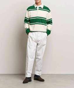 Men's Long Sleeve Striped Knitted <b>Polo</b> Shirt Green Cream Preppy Style Regular Fit - Product Image 2