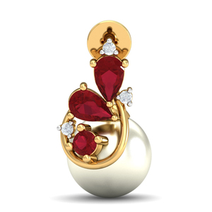 Luxury Women's 18K Gold Plated Ruby Drop <b>Earrings</b> With Freshwater Pearl And Round Brilliant Cut Diamond - Product Image 2