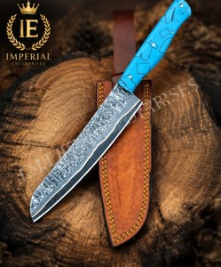 Couteau de Chef en Acier Damas, Lame en Acier Carbone, Style Industriel, Manche en Résine Bleue, Orientation Réglable de la Main, Étui en Cuir - Product Image 3
