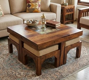 Table basse en bois massif gain de place avec 4 tabourets imbriqués | Table basse de salon avec tabourets rembourrés |   Vente en gros en Inde - Product Image 1