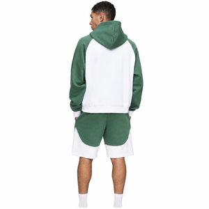 Green <b>White</b> Color Block Hooded <b>Sweatshirt</b> Raglan Sleeve Oversized Casual French Terry Pocket Design Spring Wear - Product Image 2