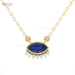 Collar de Moda en Oro Fino de 14k con Zafiro Azul de Corte Marquesa de 0.52CTW y Diamantes, a Precio de Fábrica - Product Image 2