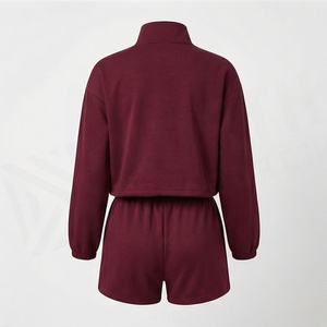 Women's <b>Maroon</b> Fleece 2-Piece Shorts Set With Embroidered Logo Sporty Loose Fit Stand Collar Zip <b>Top</b> And Drawstring Shorts - Product Image 3