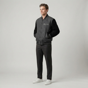 Veste en laine mélangée pour homme, noir et gris, logo brodé sur le devant, style décontracté, vêtement d'automne, coupe classique, col rabattu - Product Image 4