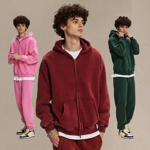 Customized Logo 500 Grams Fleece Acid Washed Zip Up Cropped Hoodie Sweat Suit <b>Set</b> Baggy Flared Wide Leg Acid Wash <b>Sweatpants</b> - Product Image 5