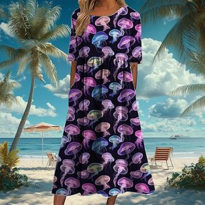 Vestido Midi Boho para Mujer 2025, Vestido de Playa de Manga Corta con Estampado de Peces Marinos, Vestidos de Verano con Bolsillos - Product Image 4