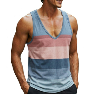 Bulk Men Striped Sleeveless <b>Top</b> Deep V Neck Athletic Muscle Tee Slim Fit Customizable Summer Beach Wear Wholesale Price Tank <b>Top</b> - Product Image 3