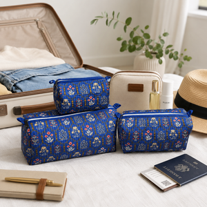 Elegant Royal Blue Botanical 3 Piece Makeup <b>Bag</b> Set Quilted Cotton Cosmetic Pouches for Women Travel <b>Vanity</b> Organizer Gift - Product Image 2