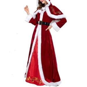 <span class=keywords><strong>Disfraces</strong></span> de Papá Noel de Navidad <span class=keywords><strong>para</strong></span> mujer, vestido Maxi de terciopelo con cinturón, guantes, conjunto de capa con capucha, trajes de fiesta de Navidad, Nochebuena - Product Image 4