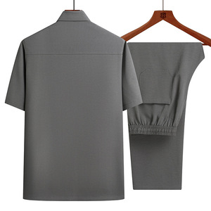 Men's Solid Plus Size Short Sleeve Shirt And Pants <b>Set</b> Casual Summer Wear Gray <b>Knitted</b> Cotton Fabric - Product Image 2
