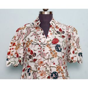 Nouvelle Robe d'été pour femme en pur coton, faite main, imprimée à la main à l'encre indienne, motif floral, ceinture intégrée, écologique, avec dentelle, best-seller - Product Image 2