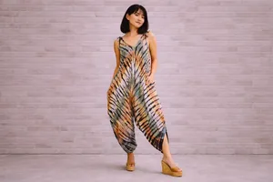 Women Boho Multicolor Tie Dye <b>Jumpsuit</b> Sleeveless V Neck Adjustable Strap Loose Fit Flowy <b>Harem</b> Pants Style Casual Outfit - Product Image 5