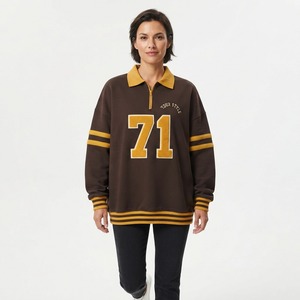 <b>Women's</b> Beige Knitted Sweatshirt With Brown Number 16 Print Turn-down Collar Full Sleeve Preppy Style Autumn Wear - Product Image 6