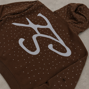 Sudadera con capucha y cremallera completa para hombre, personalizada con pedrería, efecto desgastado, oversize, de peso pesado, estilo streetwear, marrón, marca privada - Product Image 3