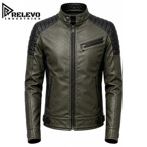 Men Vintage Olive Green & Black Leather Biker Jacket, Slim Fit Textured Moto Racer Jacket with Padded Shoulders, Snap Button - Product Image 1