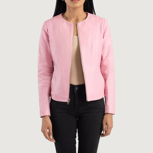 Premium Women Pink Real <b>Leather</b> <b>Jacket</b> Collarless Round Neck Slim Fit Soft Sheepskin Casual Coat Elegant <b>Leather</b> Outerwear - Product Image 1