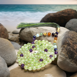 Top Grade 7 Chakra Yoga Jewelry Prehnite Pulsera 108 Anudado Mala Beads Hecho a mano Artista indio Moda Collares con cuentas ¡Compre ahora! - Product Image 1